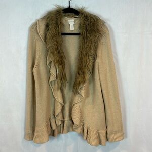 Chico's Fur lined beige open front ruffle  cardigan size 2 (Medium) Y2K Feminine